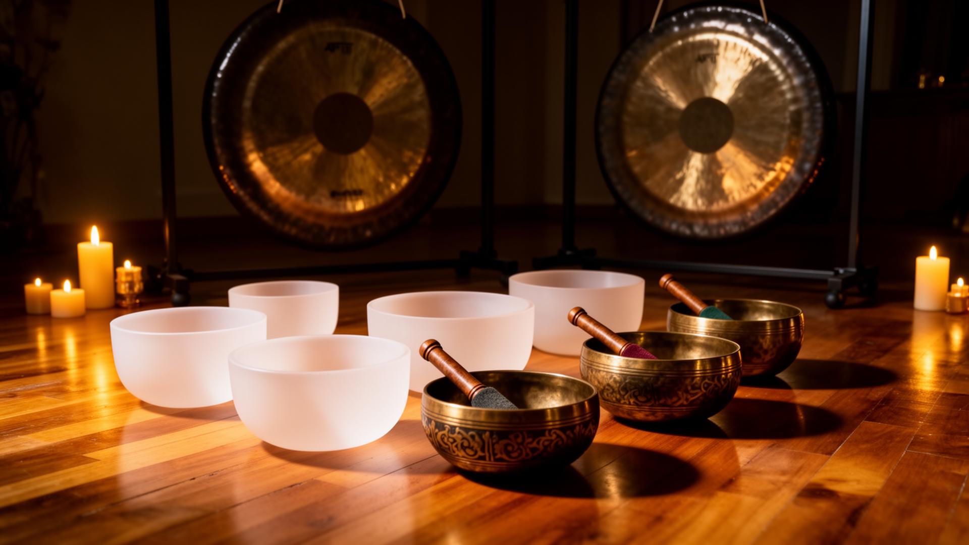 Himalayan singing bowls in warm light